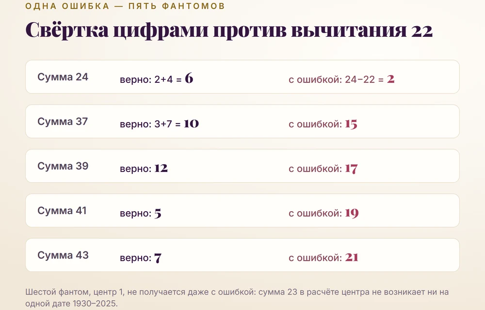 Редукция вычитанием 22 порождает невозможные центры: суммы 24, 37, 39, 41 и 43 дают 2, 15, 17, 19 и 21 вместо правильных 6, 10, 12, 5 и 7