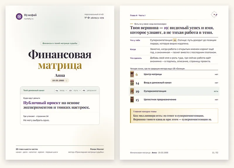 Образец денежной матрицы: обложка отчёта и глава про код миллионера