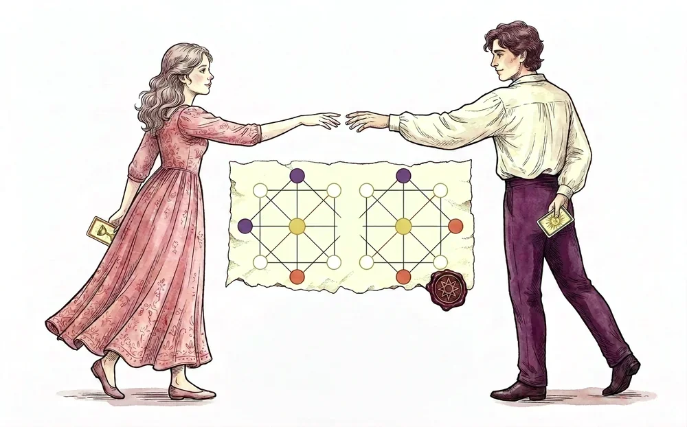 Пара тянется друг к другу над листом с двумя матрицами